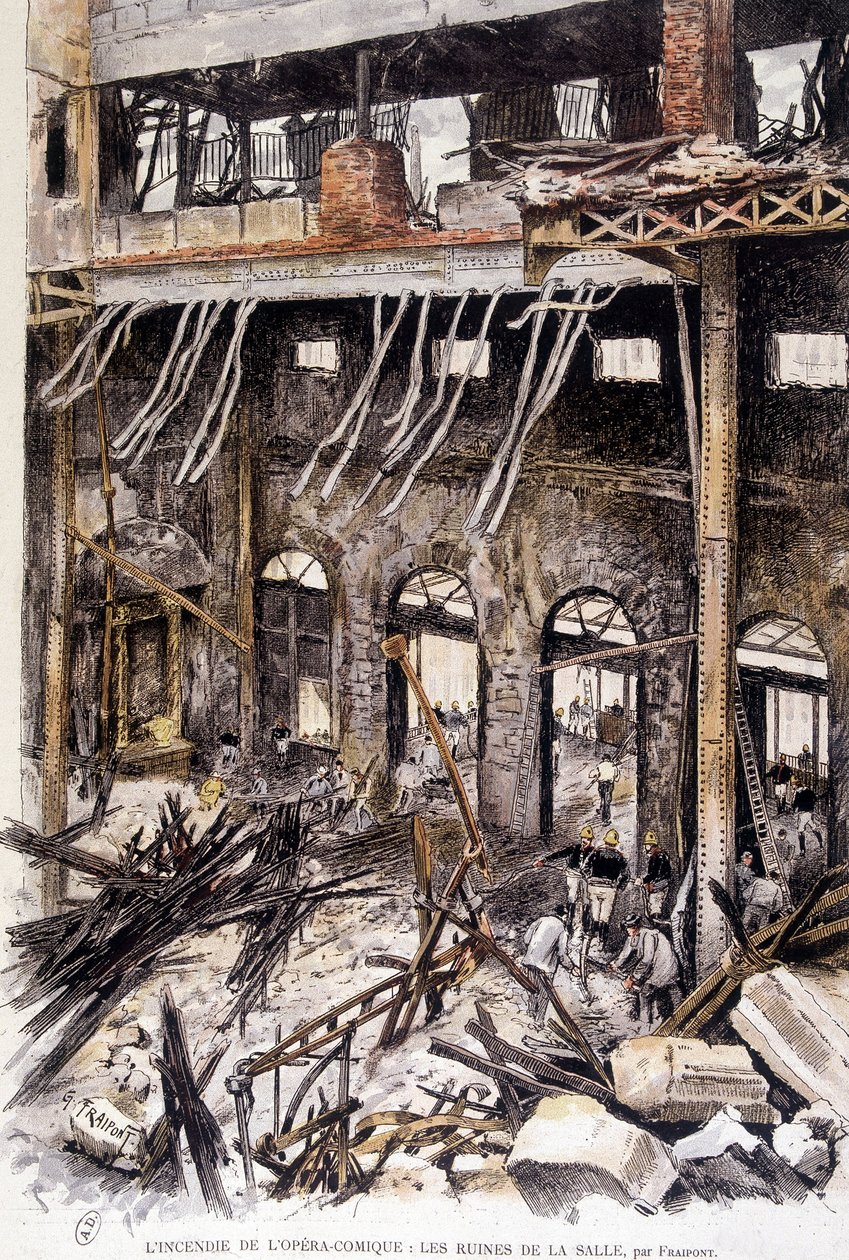 Brandmän som arbetar i ruinerna av rummet i opera comique de Paris efter branden, av Fraipont av Gustave Fraipont
