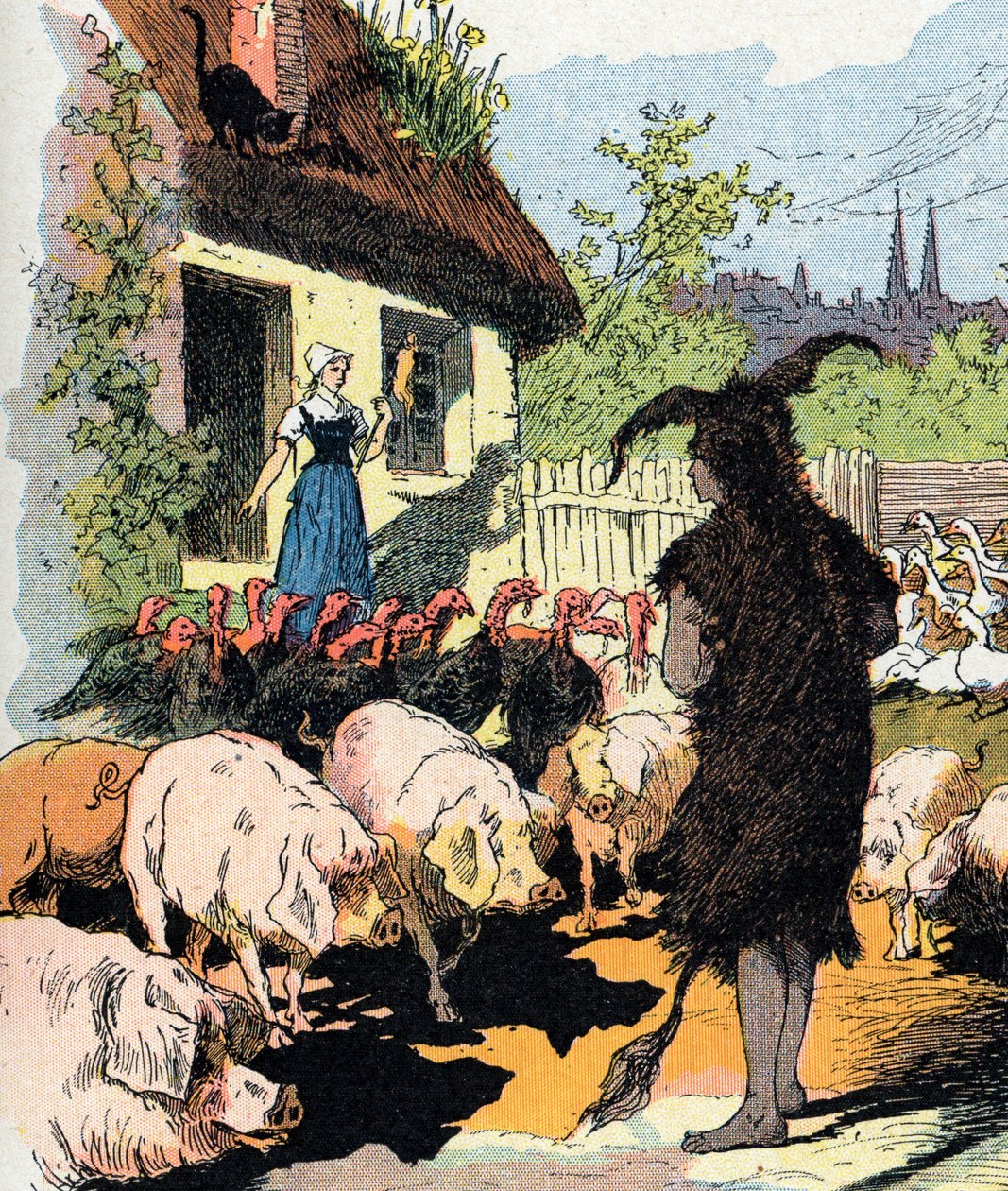 Hembiträdens åsneskinn Illustration av Gustave Fraipont för "" Cane skin"" (Ane skin) saga av Charles Perrault (1628-1703), fransk författare (Illustration för "Donkeyskin"" fransk litterär saga) Privat samling av Gustave Fraipont