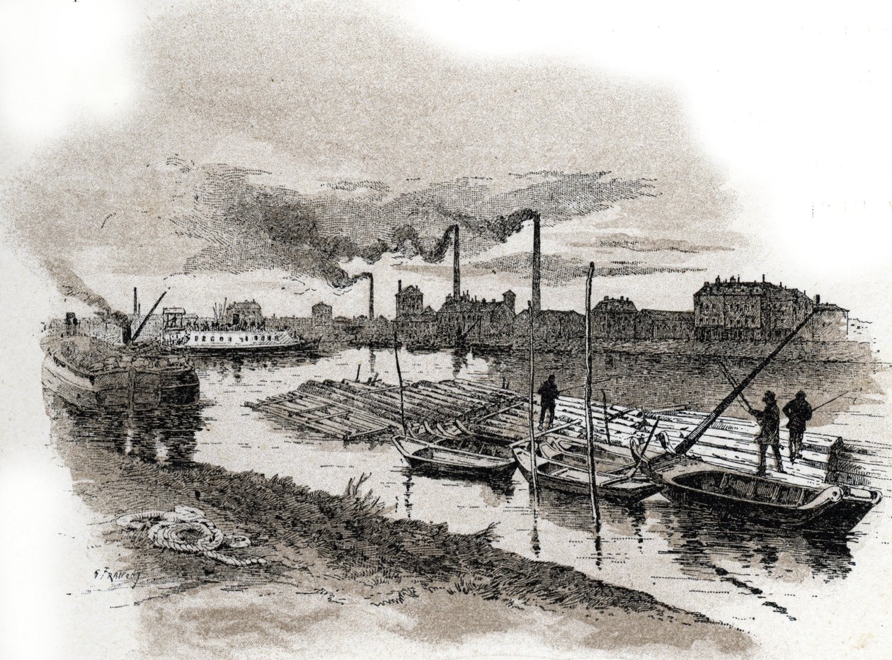 Ivry sur Seine, trätåg (Forsränning på Seine-floden, Ivry-sur-Seine) Teckning av Gustave Fraipont (1849-1923) hämtar från "La seine a travers Paris" av Saint-Juirs av Gustave Fraipont