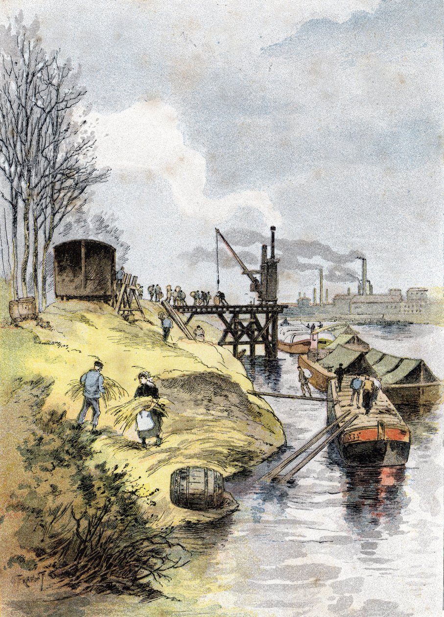 Hamnarbetare som lastar äpplen i bilar på quai de Bercy, Paris Teckning av Gustave Fraipont (1849-1923) hämtar från "La seine a travers Paris" av Saint-Juirs av Gustave Fraipont