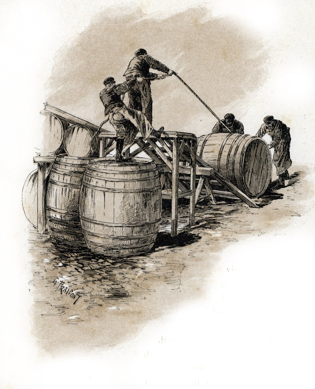 Le stacking des tonneaux de vin, Bercy Paris (Dockers som satsar vinfaten, Bercy, Paris) Teckning av Gustave Frainpont (1849-1923) hämtar från Saint-Juirs "La seine a travers Paris" av Gustave Fraipont