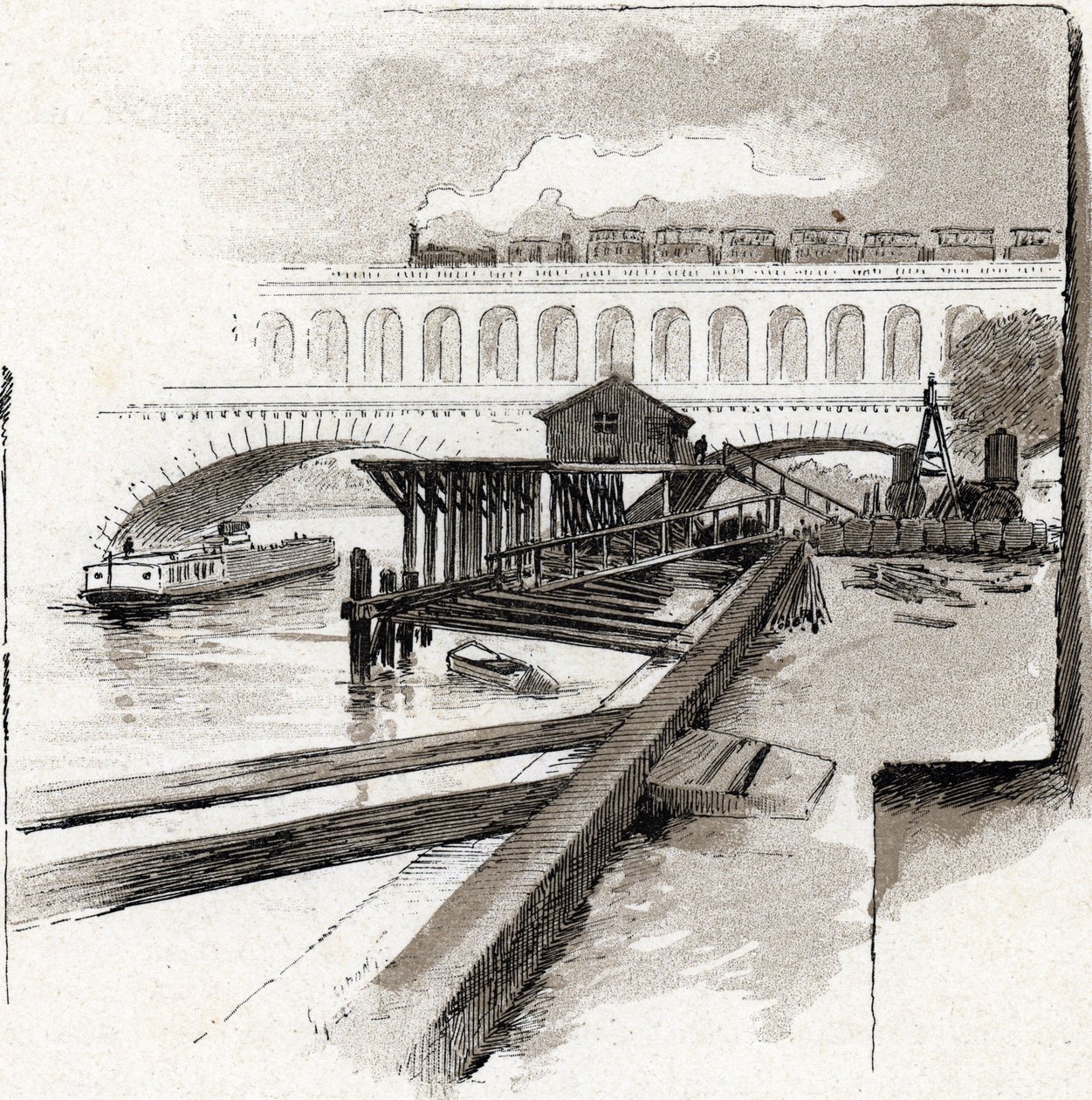 Le viaduct du point du Jour, Boulogne-Billancourt (Utsikt över viadukten över Point du jour-distriktet, Boulogne Billancourt) Teckning av Gustave Fraipont (1849-1923) från Saint-Juirs av Gustave Fraipont
