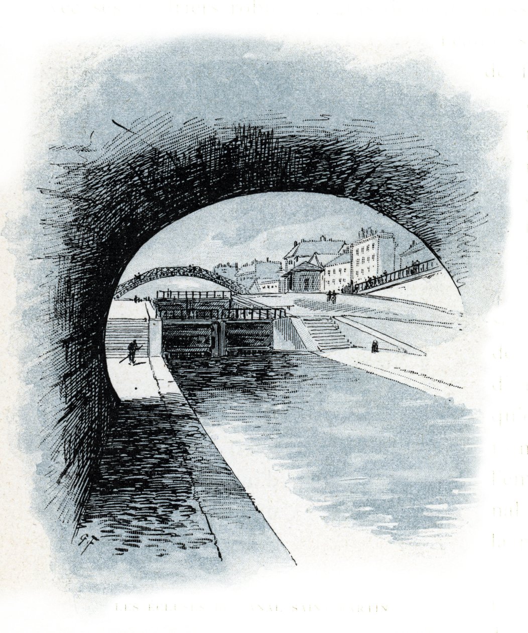 Les ecluses du canal saint Martin, Paris (Utsikt över slussarna till kanalen Saint-Martin, Paris) Teckning av Gustave Fraipont (1849-1923) hämtar från "La seine a travers Paris" av Saint-Juirs av Gustave Fraipont