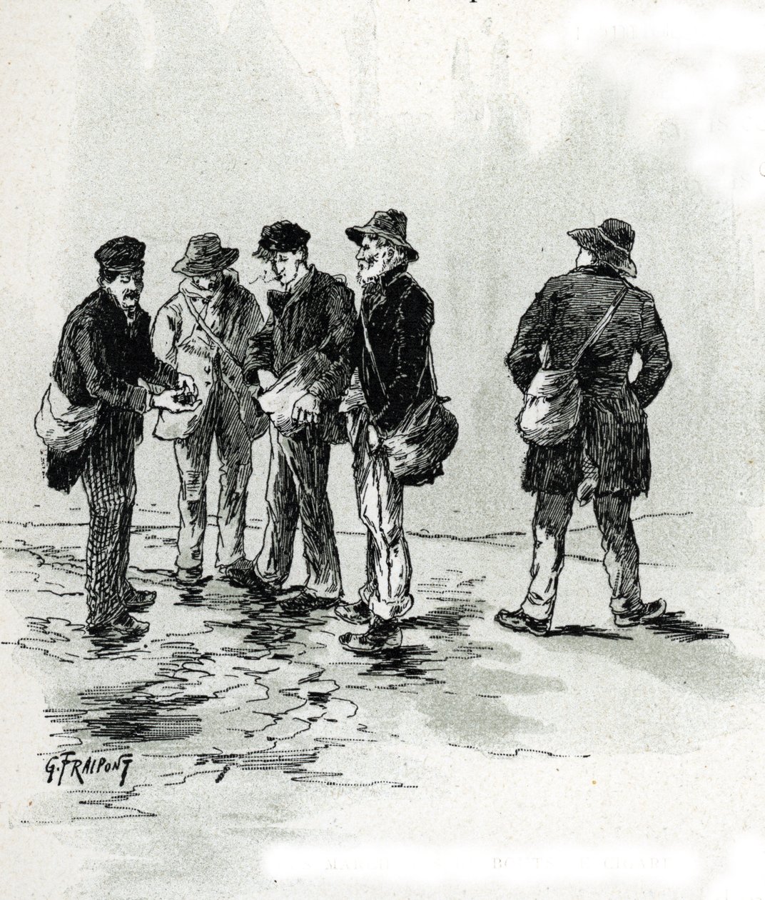 Gatuhandlare med cigarr- och cigaretttips, Maubert-distriktet, Paris Teckning av Gustave Fraipont (1849-1923) hämtar från "La seine a travers Paris" av Saint-Juirs av Gustave Fraipont