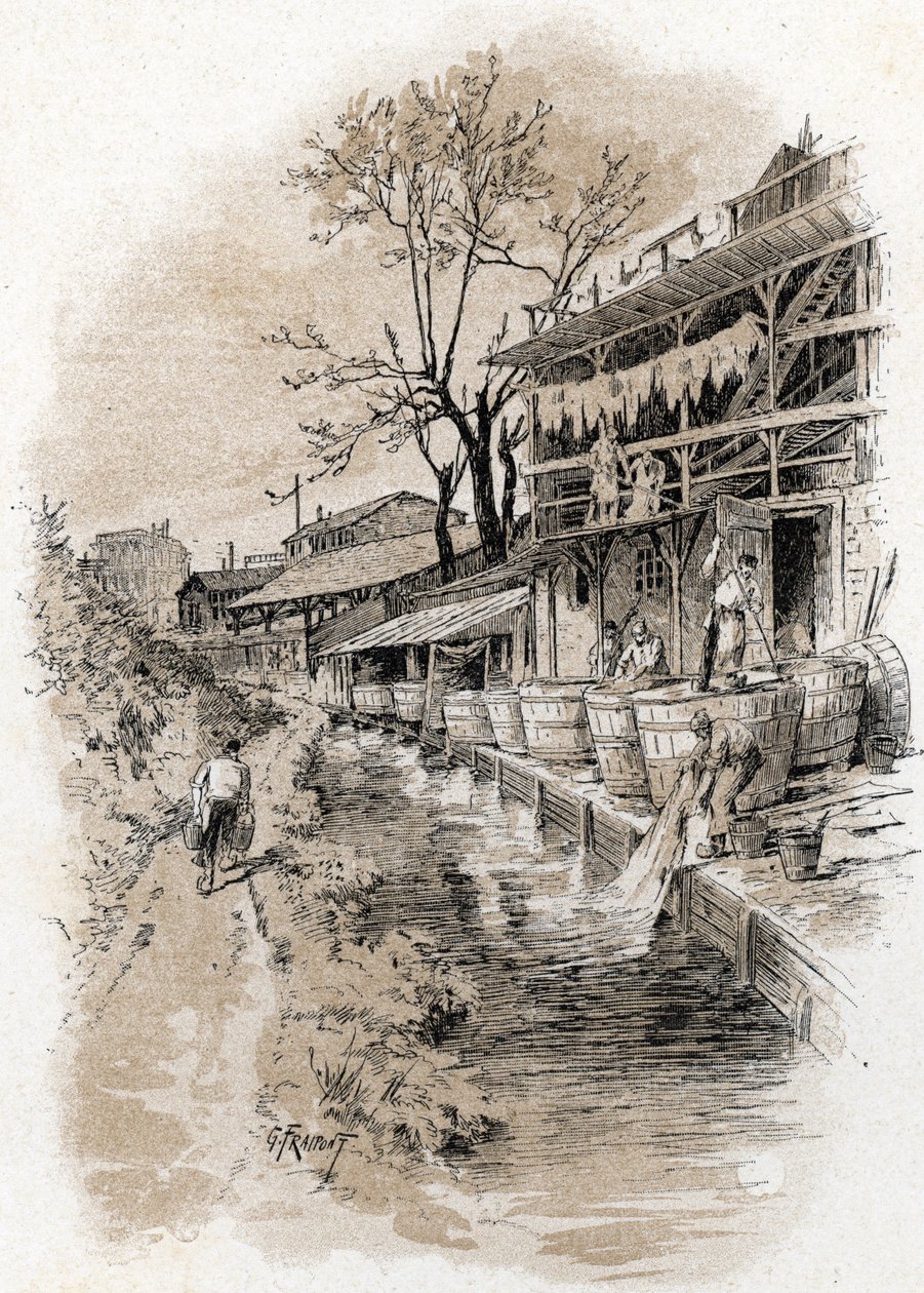 Megisseries i rue du pot-au-lait i Pete Gentilly-distriktet på stranden av Bievre i Paris (Utsikt över floden Bievre och stånd för lädertawing (tawering) i Pete Gentilly-distriktet, Paris) Teckning av Gustave Fraipont (1849) -1923) från Sain av Gustave Fraipont