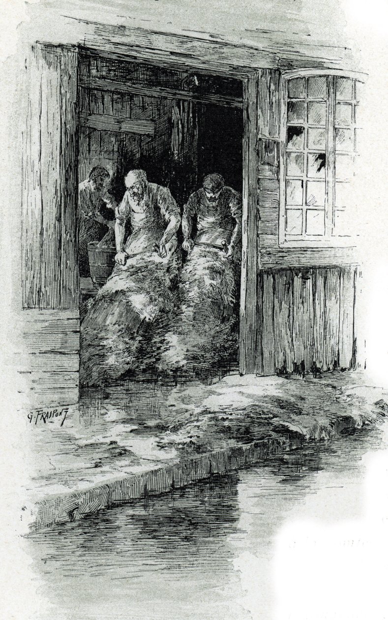 Megissiers de la rue des gobelins i Paris (Garvare som arbetar med läder och djurskinn i rue des Gobelins, Paris) Teckning av Gustave Frainpont (1849-1923) hämtar från "La seine a travers Paris" av Saint-Juirs av Gustave Fraipont