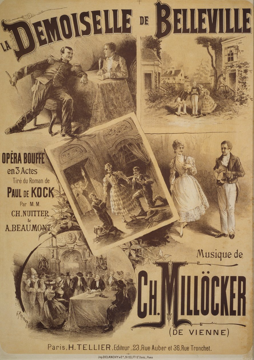 Affisch för La Demoiselle de Belleville, komisk opera, libretto av Charles Nuitter och Alexandre Beaumont, musik av Karl Millocker, teckning av Gustave Fraipont, Tellier förlag, Paris av Gustave Fraipont