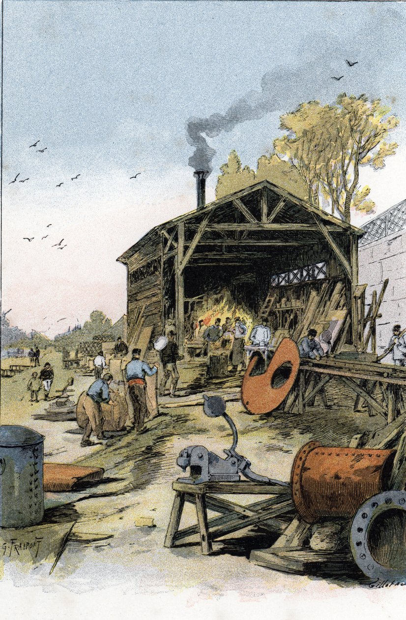 Reparationer av båtar i smedjan Point du Jour nära Boulogne-Billancourt (Båtar och pråmar repareras i smedjan Point du jour nära Boulogne Billancourt, Paris) Teckning av Gustave Fraipont (1849-1923) hämtar från "La seine a travers Paris" ” av S av Gustave Fraipont