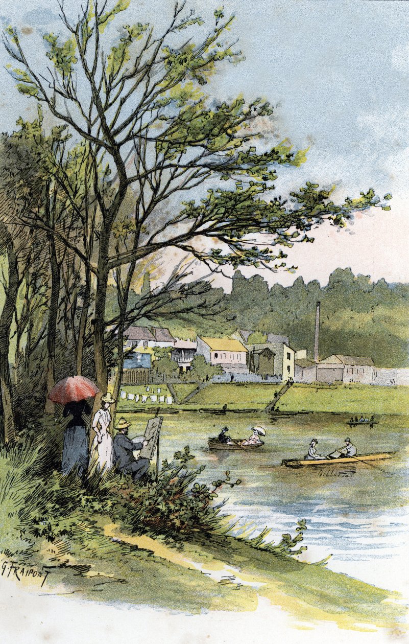 Söndagsvagnar på noten i Bas-Meudon (Meudon-sur-Seine) Teckning av Gustave Fraipont (1849-1923) från Saint-Juirs av Gustave Fraipont