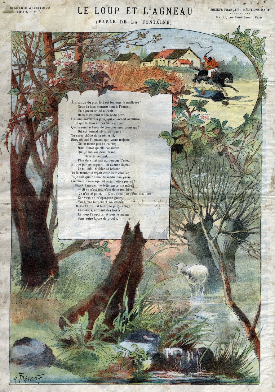 Vargen och Lammet. Fabler av Jean de La Fontaine (1621-95). Illustration av Gustave Fraipont (1849 -1923). Privat samling. av Gustave Fraipont