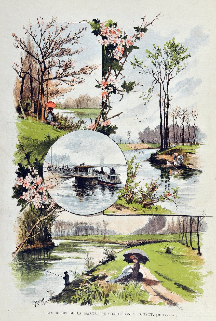 Kanten av Marne: från Charenton till Nogent 1887. Illustration av Gustave Fraipont (1849-1923) Gravyr från 1887 i "" Paris-Illustrous journal weekly"". av Gustave Fraipont
