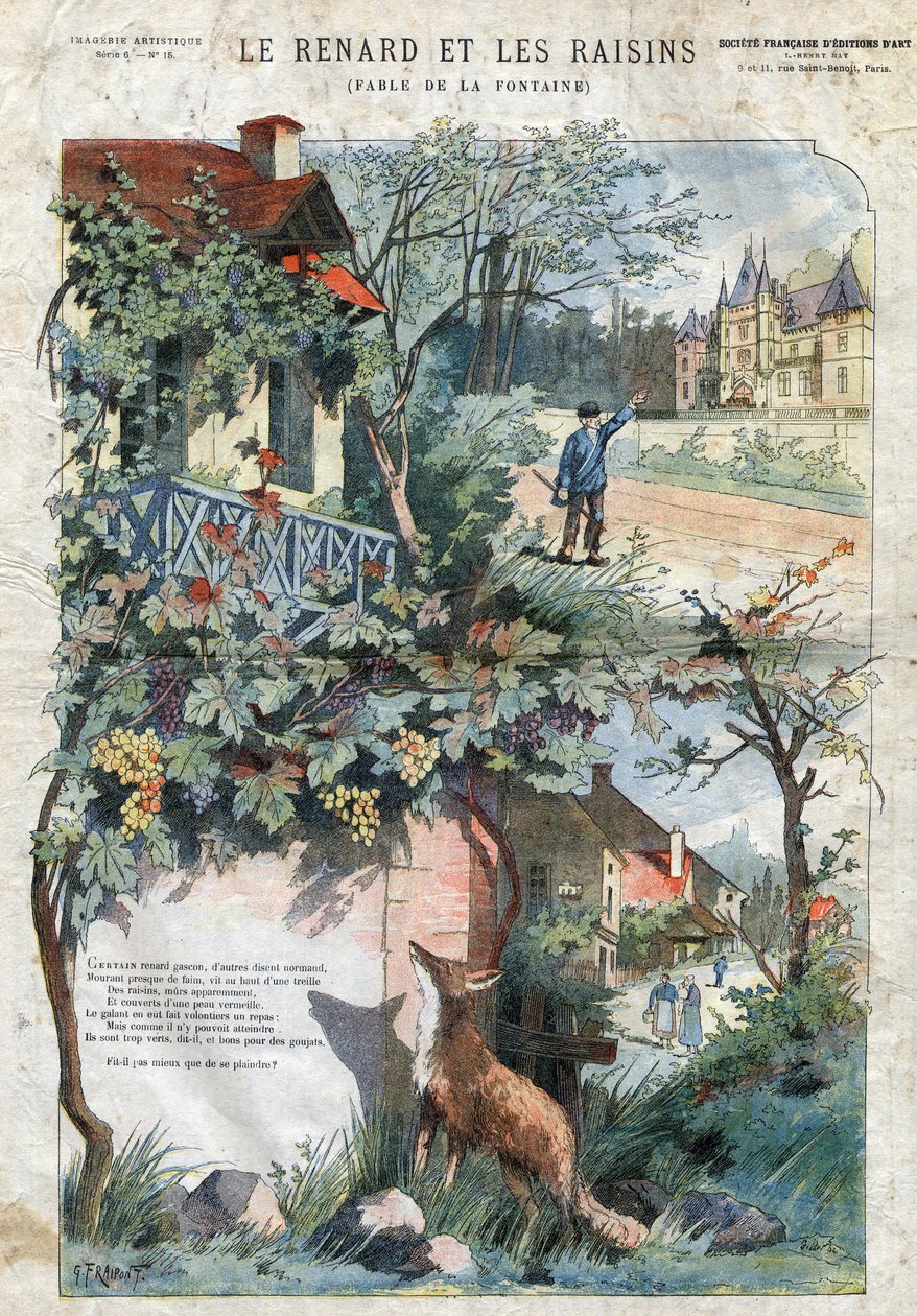 Räven och druvorna. Fabler av Jean de La Fontaine (1621-95).Illustration av Gustave Fraipont (1849 -1923). Privat samling. av Gustave Fraipont