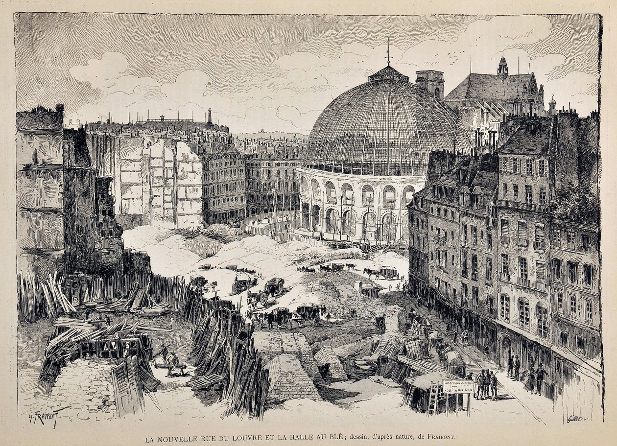 Den nya Rue du Louvre och Halle au Ble i Paris 1887. illustration av Gustave Fraipont (1849 - 1923). Gravyr från 1887 i "" Paris-Illustrous journal weekly"". av Gustave Fraipont
