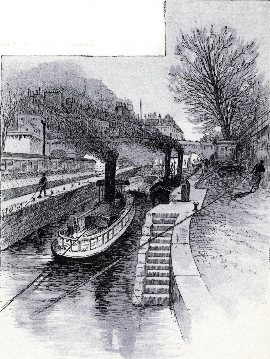 Bogserbåtar av slussen vid floden Seine framför Hotel des Monnaie, Paris Teckning av Gustave Fraipont (1849-1923) från Saint-Juirs av Gustave Fraipont