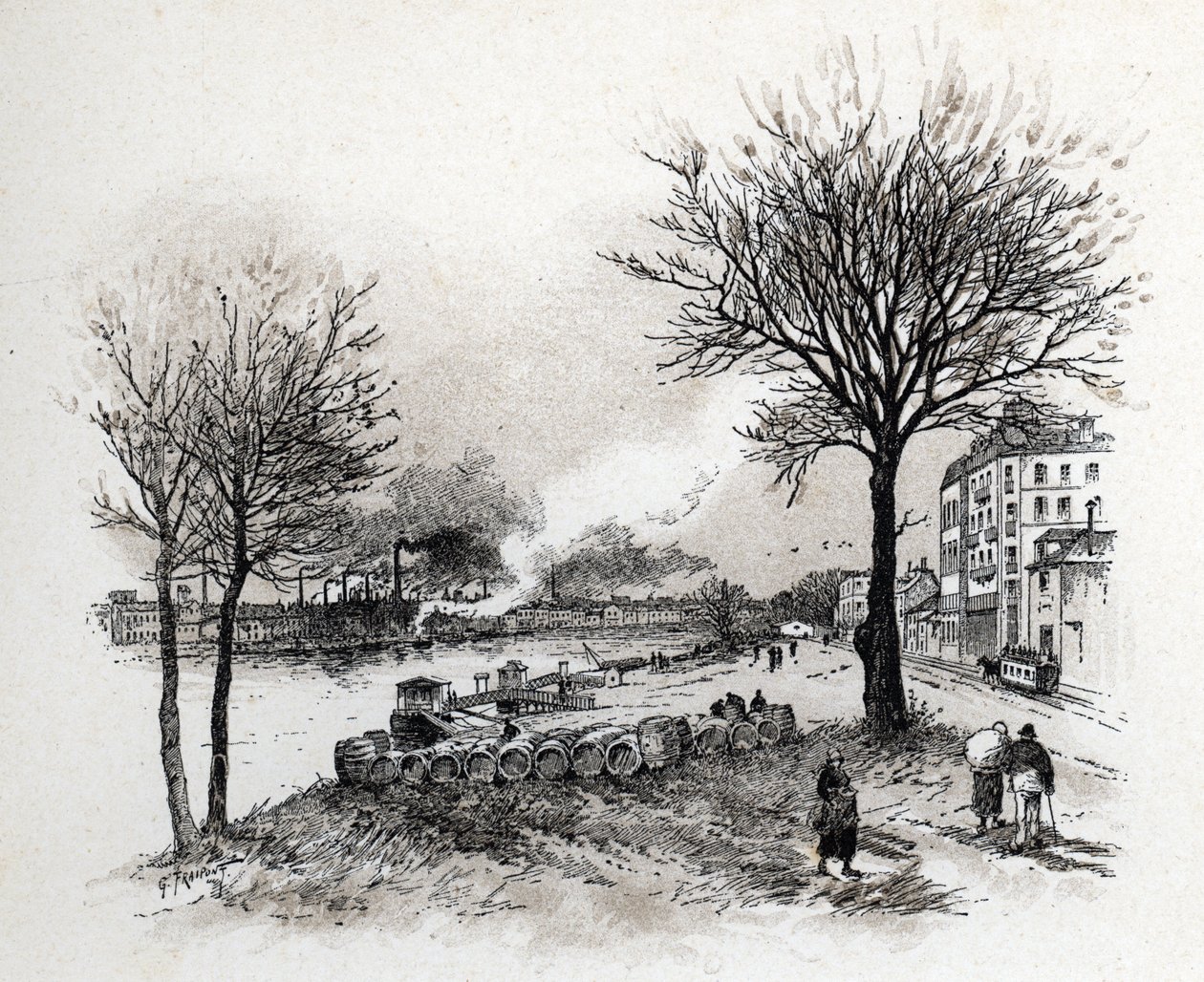 Vy över Ivry sur Seine (Ivry-sur-Seine) Teckning av Gustave Fraipont (1849-1923) från Saint-Juirs av Gustave Fraipont