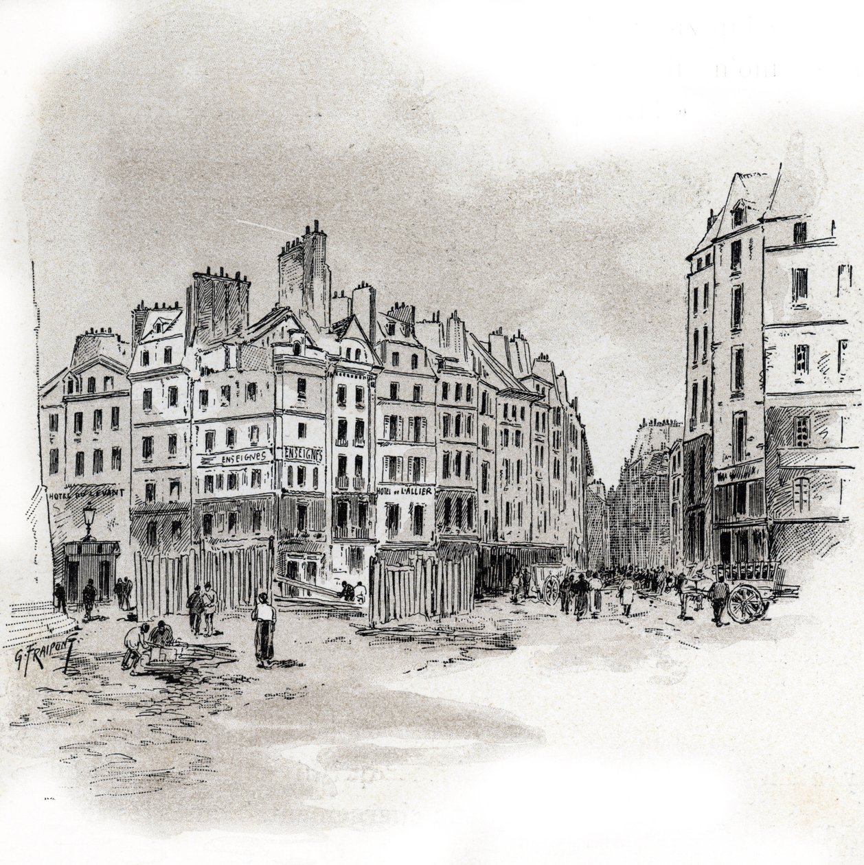Utsikt över Place Maubert, Paris Teckning av Gustave Fraipont (1849-1923) hämtar från "La seine a travers Paris" av Saint-Juirs av Gustave Fraipont