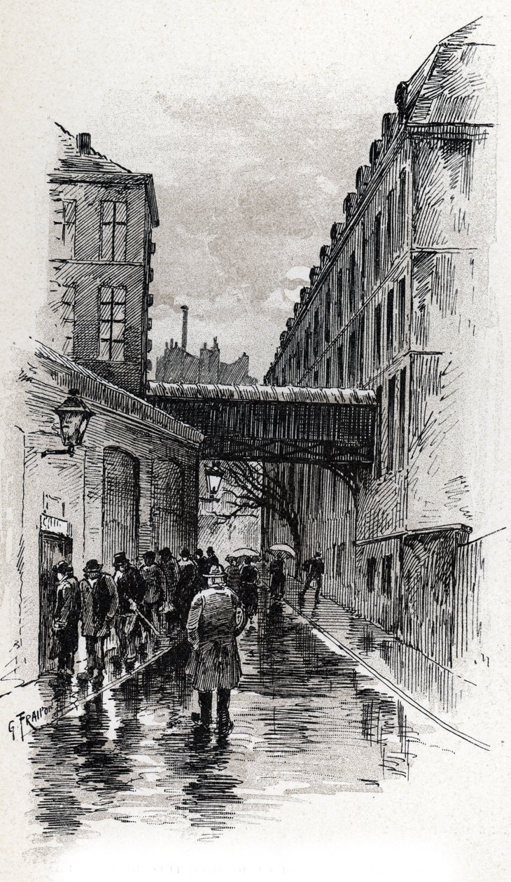Utsikt över ett flopphus (doshus eller doshus) i rue de la Bucherie i distriktet Maubert, Paris Teckning av Gustave Fraipont (1849-1923) från Saint-Jurs av Gustave Fraipont