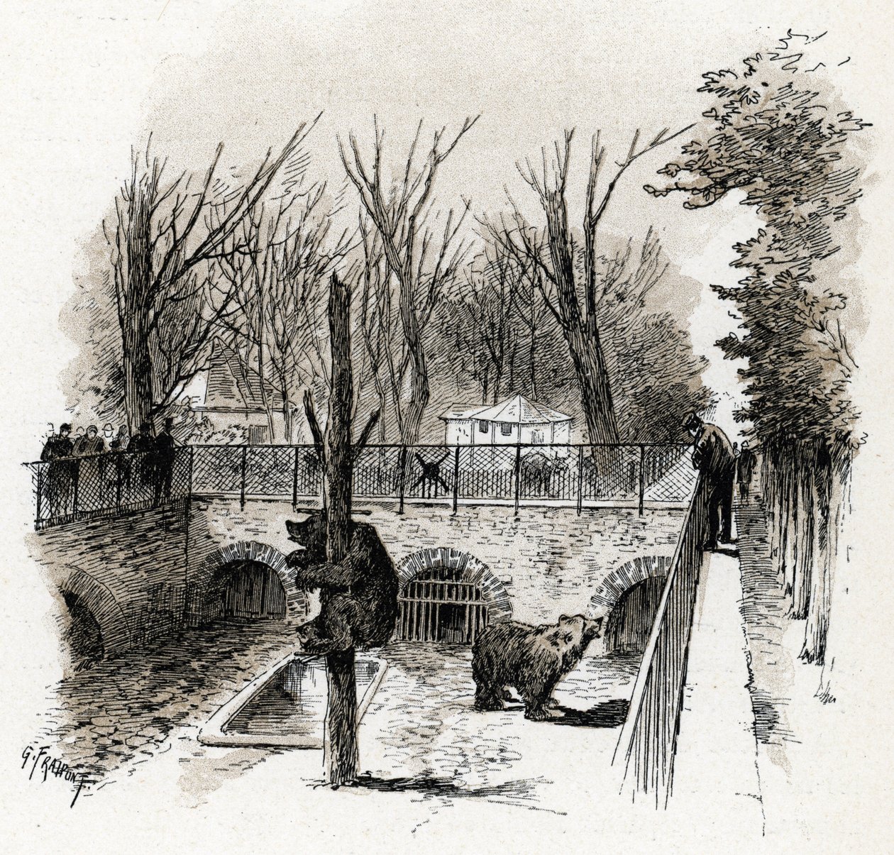 Utsikt över björngropen i Zoo du Jardin des Plantes, Paris Teckning av Gustave Fraipont (1849-1923) hämtar från "La seine a travers Paris" av Saint-Juirs av Gustave Fraipont
