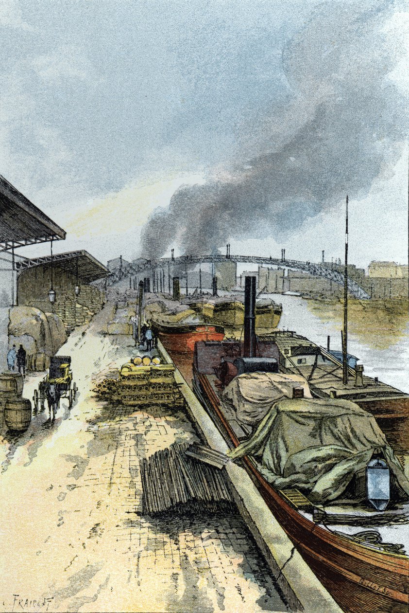 Utsikt över Canal de la Villette i Paris Teckning av Gustave Fraipont (1849-1923) från Saint-Juirs av Gustave Fraipont