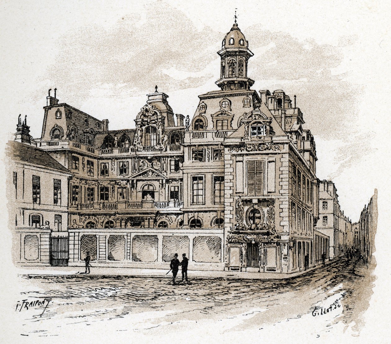 Utsikt över Hotel de la Valletta vid Quai des Celestins, Paris (Utsikt över Hotel Valette på Quai des Celestins, Paris) Teckning av Gustave Fraipont (1849-1923) hämtar från Saint-Juirs "" La seine a travers Paris" av Gustave Fraipont