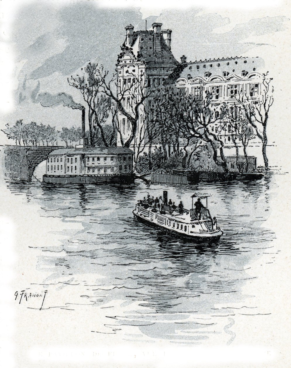 Utsikt över Pavillon de Flore, Palais du Louvre, från Quai Voltaire, Paris (Utsikt över Pavillon de Flore-delen av Louvren från quai Voltaire, Paris) Teckning av Gustave Fraipont (1849-1923) från Saint-Juirs av Gustave Fraipont