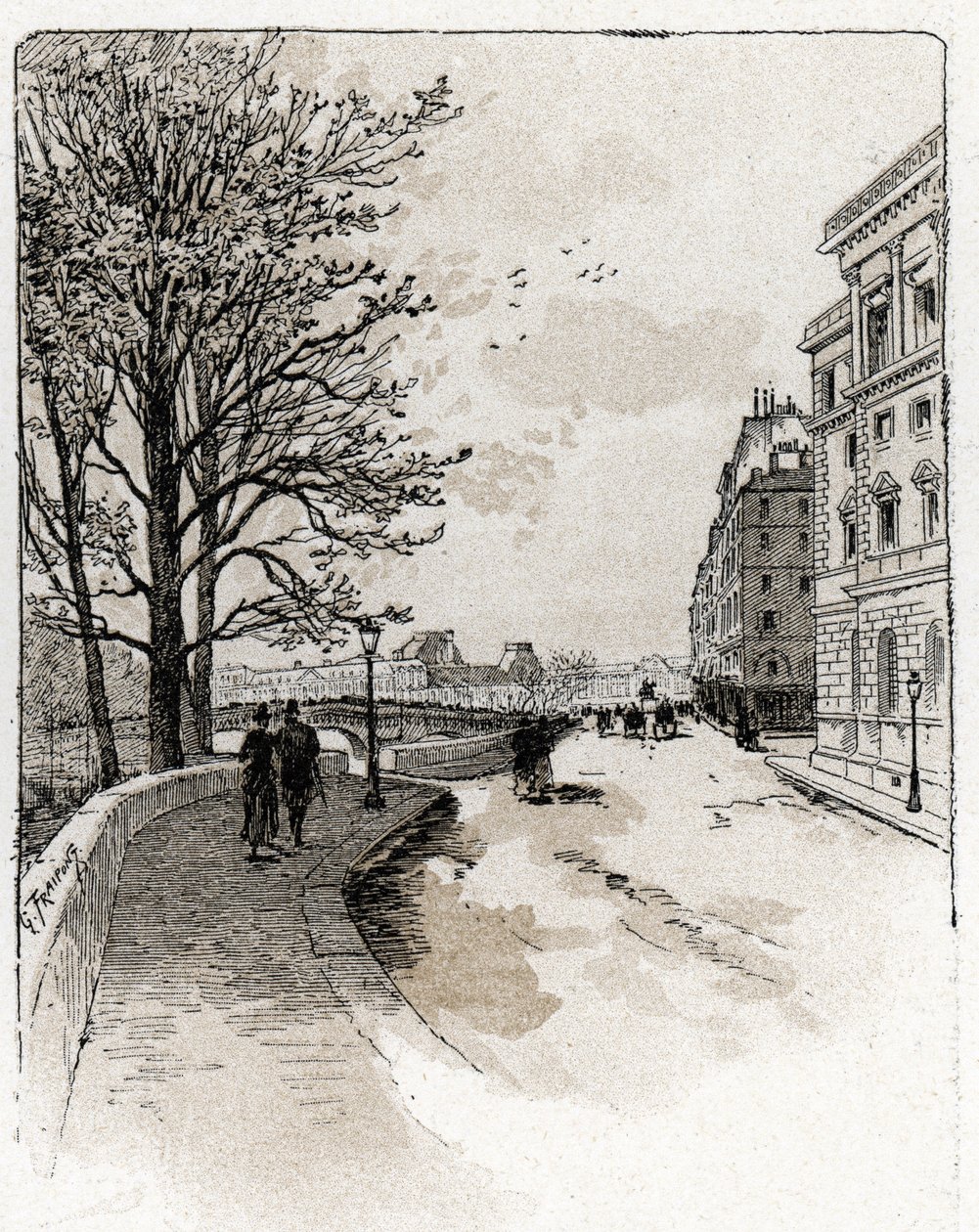 Utsikt över Quai des Orfevres, Ile de la Cite, Paris Teckning av Gustave Fraipont (1849-1923) från Saint-Juirs av Gustave Fraipont