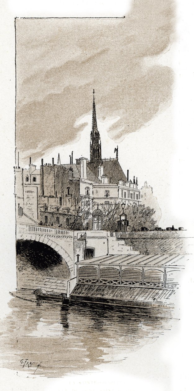 Utsikt över Sainte Chapelle från St Michel-bron, Paris (Vy över Sainte-Chapelle från St Michel-bron, Paris) Teckning av Gustave Fraipont (1849-1923) hämtar från "La seine a travers Paris" av Saint-Juirs av Gustave Fraipont
