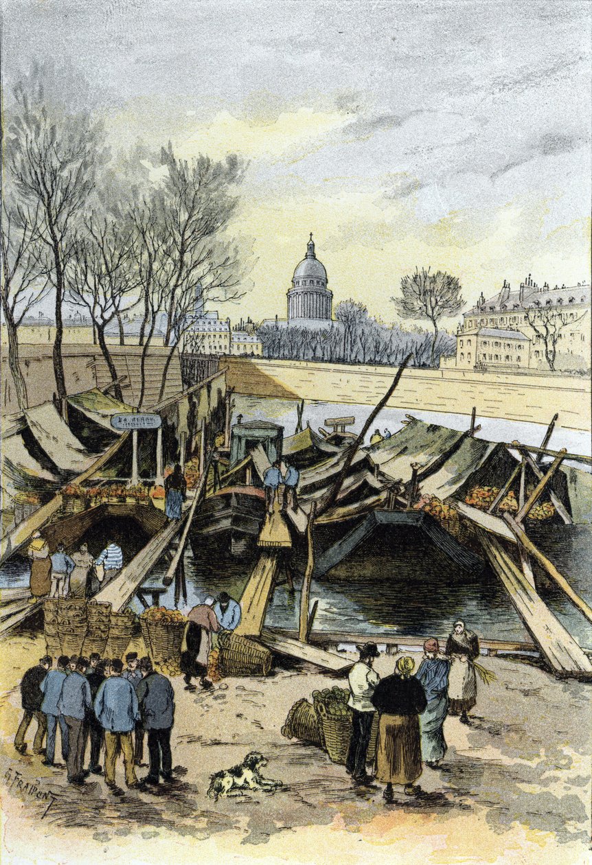Utsikt över äppelmarknaden på pråmar vid floden Seine, nära Hotel de Ville, Paris Teckning av Gustave Fraipont (1849-1923) från Saint-Jurs av Gustave Fraipont