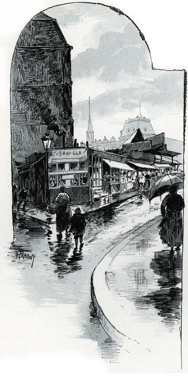 Utsikt över brocanteurs i hörnet av rue de la bucherie i Paris (Second-hand butiker i rue de la Bucherie, Paris) Teckning av Gustave Fraipont (1849-1923) hämtar från "La seine a travers Paris" av Saint- Juirs av Gustave Fraipont