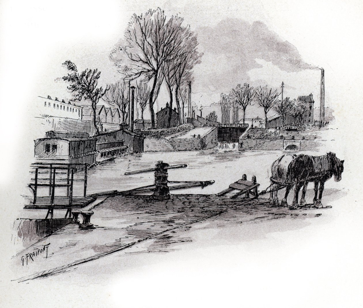 Utsikt över kanalen Saint-Denis och quai de la Gironde a la Villette, Paris (Utsikt över canal saint Denis och quai de la Gironde i Villette-distriktet, paris) Teckning av Gustave Fraipont (1849-1923) från Saint-Juirs av Gustave Fraipont