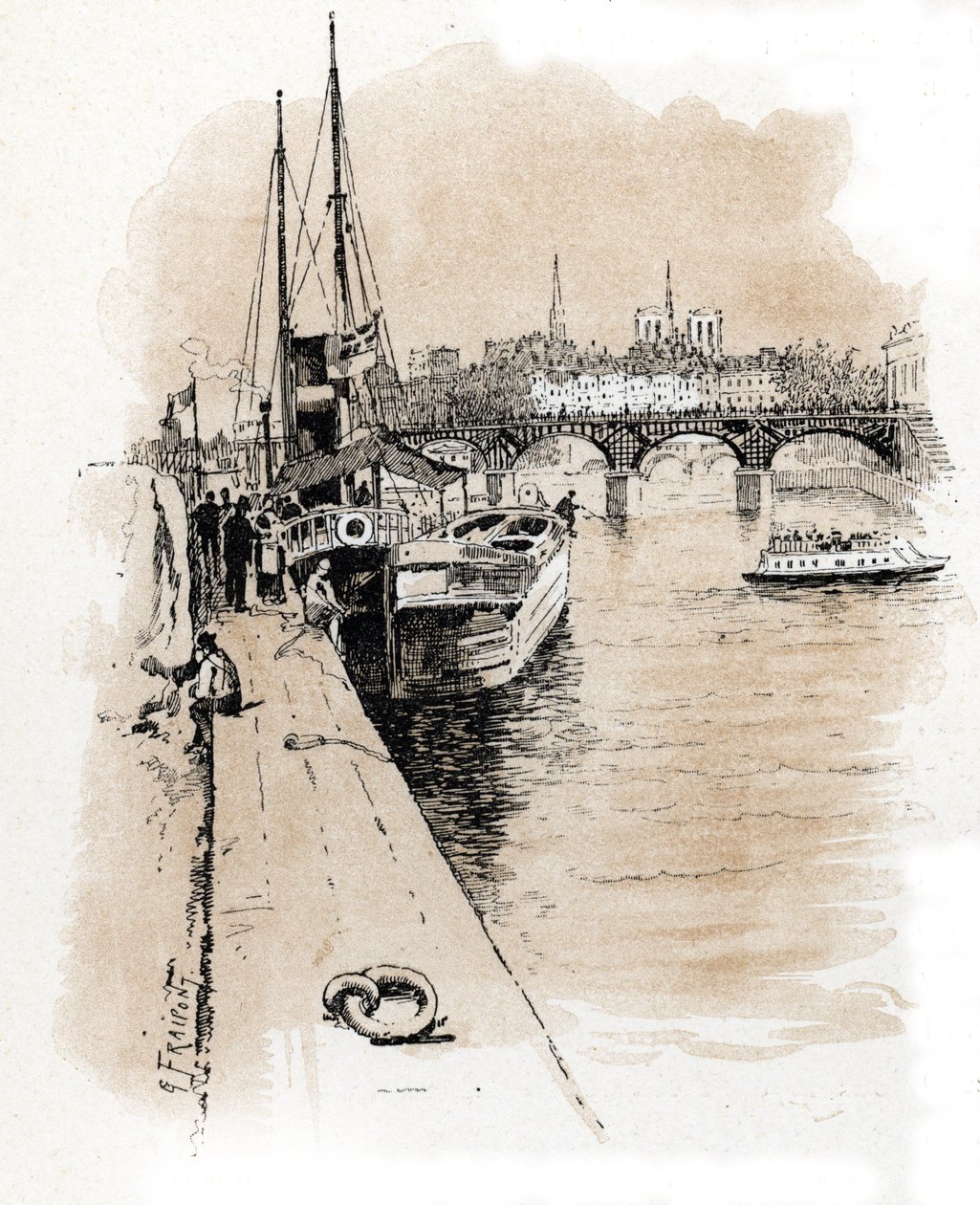Vy över företaget Seine et Thames vars båtar förbinder Paris och London Ritning av Gustave Fraipont (1849-1923) hämtar från "La seine a travers Paris" av Saint-Juirs av Gustave Fraipont