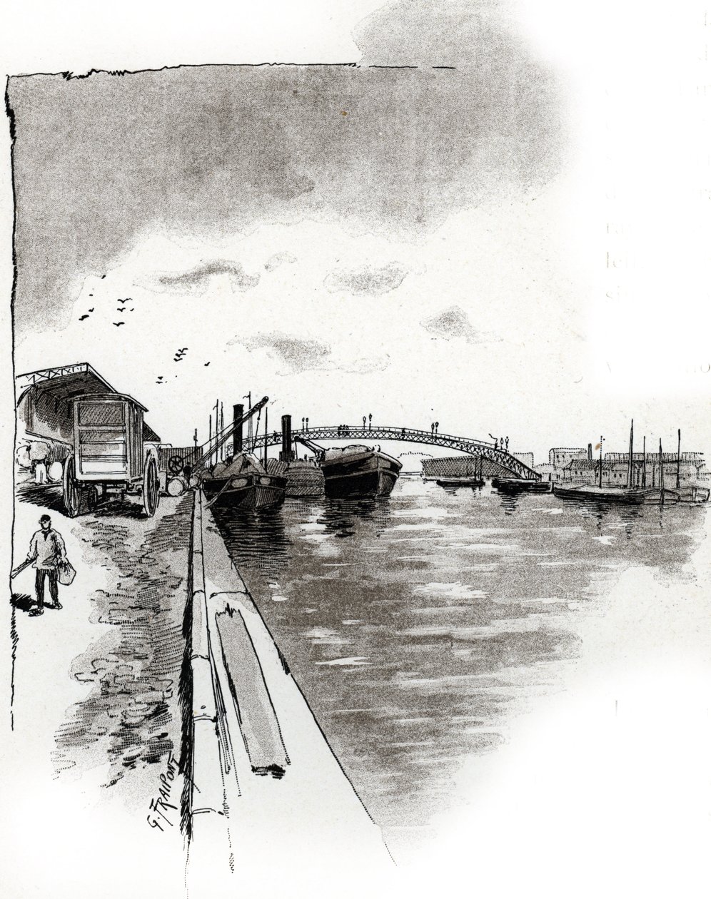 Utsikt över gångbron över Canal de la Villette, Paris (Spångbro över Canal de la Villette, Paris) Teckning av Gustave Fraipont (1849-1923) hämtar från "La seine a travers Paris" av Saint-Juirs av Gustave Fraipont