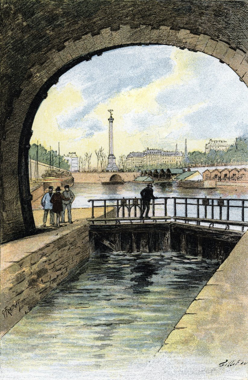 Utsikt över slussen till Canal Saint Martin i Paris Teckning av Gustave Fraipont (1849-1923) från "La seine a travers Paris" av Saint-Juirs av Gustave Fraipont