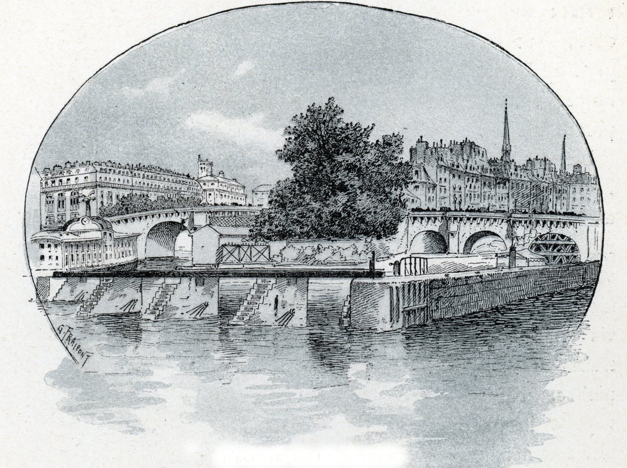Utsikt över Monnaies sluss, framför Hotel des Monnaie i Paris Teckning av Gustave Fraipont (1849-1923) hämtar från Saint-Juirs "La seine a travers Paris" av Gustave Fraipont