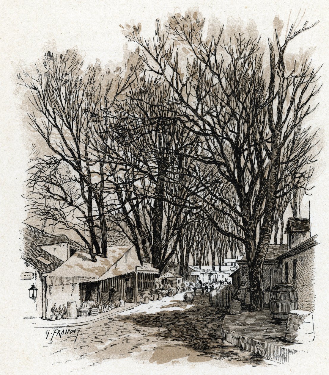 Vy över det nya lagret i rue Leopold, bercy Paris (Vy över lagret i rue Leopold In bercy, Paris) Teckning av Gustave Fraipont (1849-1923) hämtar från "La seine a travers Paris" av Saint-Juirs av Gustave Fraipont