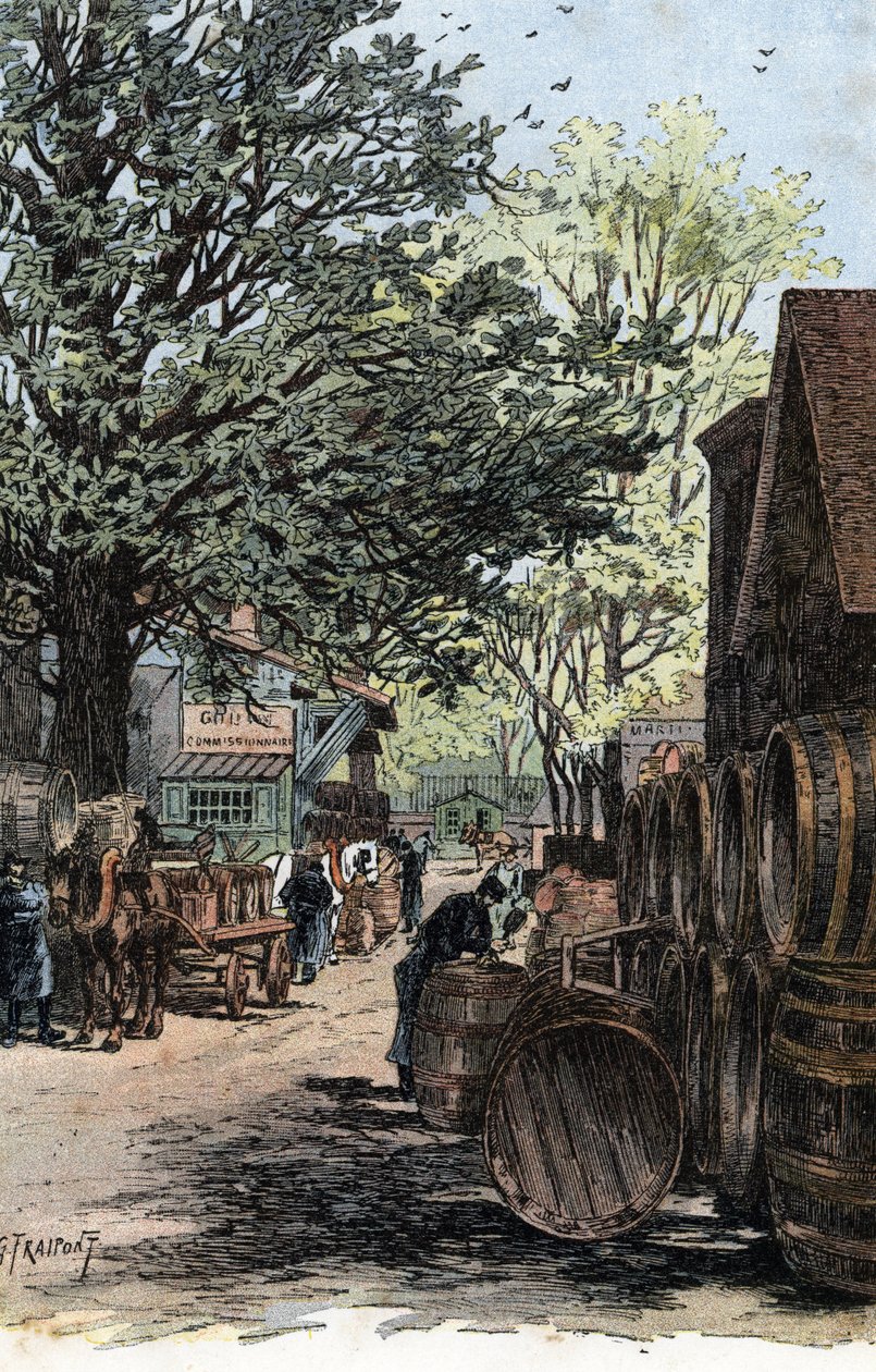 Vy över det nya lagret på Rue Laroche, Bercy, Paris Vinlager i rue Laroche i Bercy, Paris) Teckning av Gustave Fraipont (1849-1923) från "La seine a travers Paris" av Saint-Juirs av Gustave Fraipont