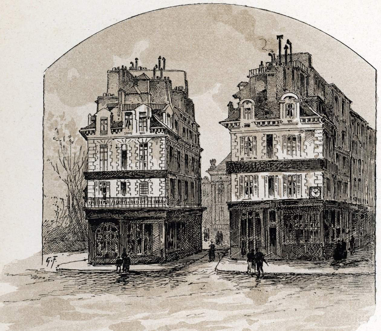Utsikt över de gamla husen i Pont-Neuf i Paris (Gamla hus på bron Pont Neuf, Paris) Teckning av Gustave Fraipont (1849-1923) från Saint-Juirs av Gustave Fraipont