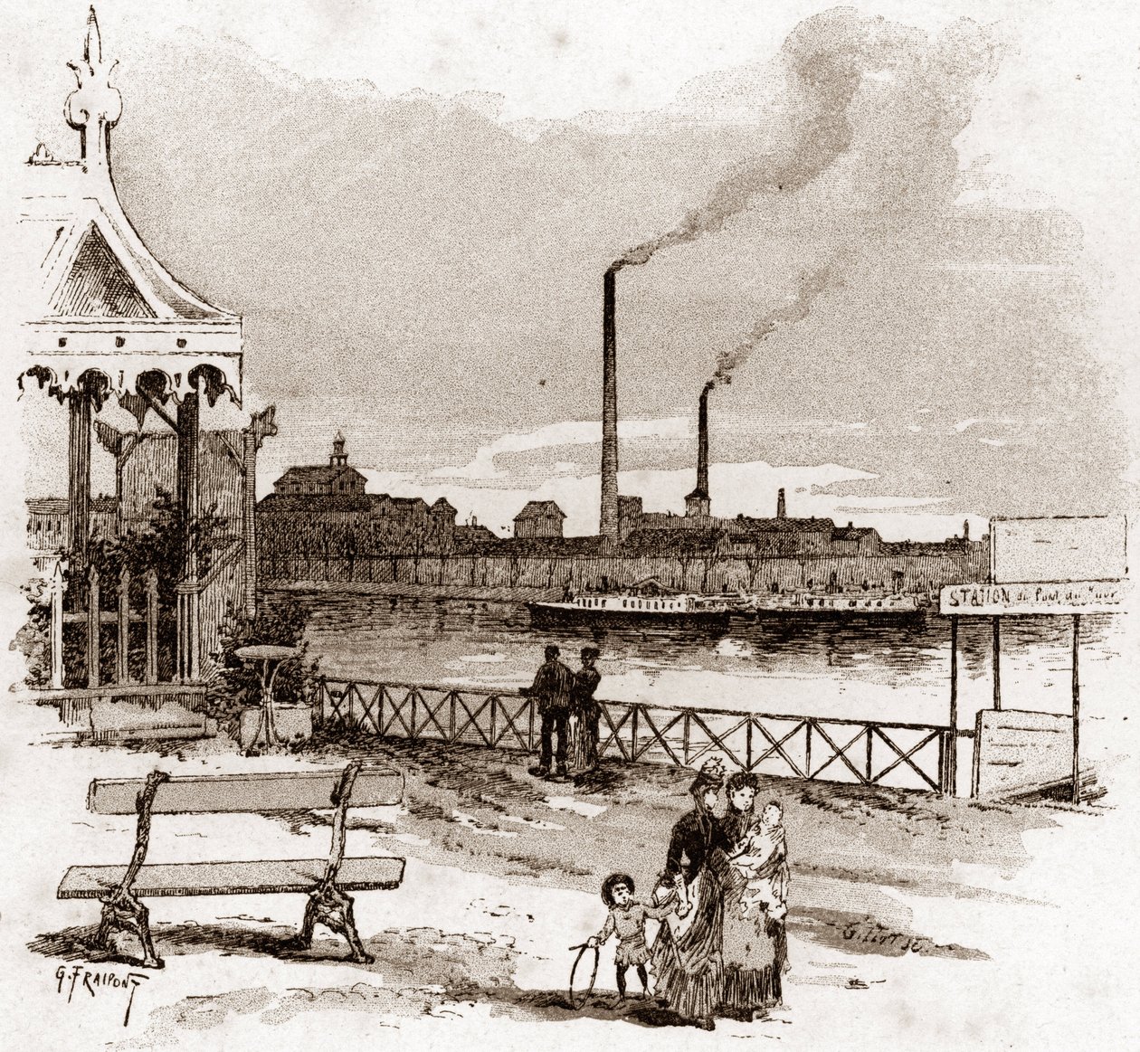 Vy över quai de Javel i Paris, actuel quai André-Citroen (Vy över quai Andre Citroen tidigare quai de Javel, Paris) Teckning av Gustave Fraipont (1849-1923) hämtar från "La seine a travers Paris" av Saint- Juirs av Gustave Fraipont