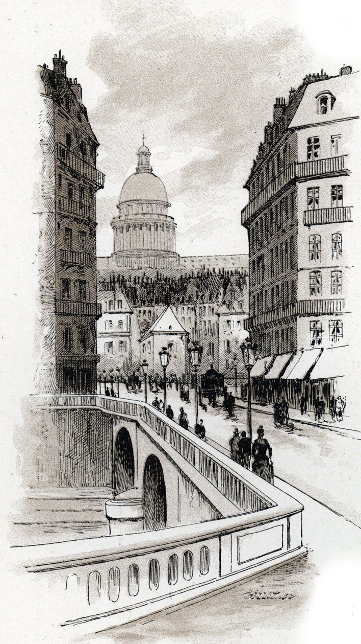 Utsikt över rue de Bellay och Pantheons kupol, Paris (Utsikt över rue du Bellay och Pantheons kupol, 5:e distriktet, Paris) Teckning av Gustave Fraipont (1849-1923) från Saint-Juirs av Gustave Fraipont