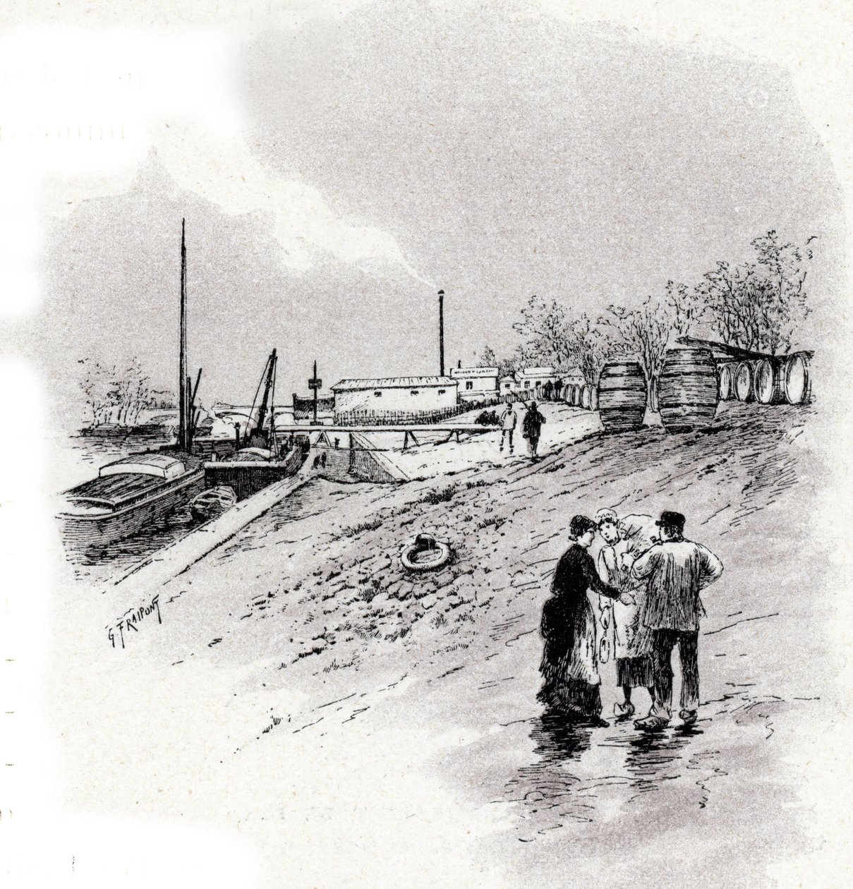 Utsikt över notflodens stränder och kajen Saint-Bernard, Paris Teckning av Gustave Fraipont (1849-1923) hämtar från "La seine a travers Paris" av Saint-Juirs av Gustave Fraipont