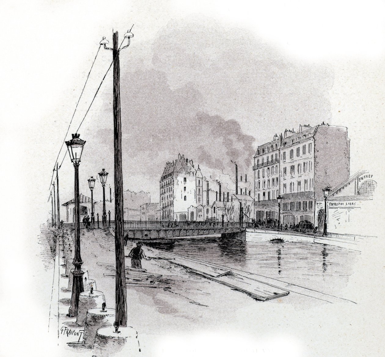 Utsikt över den svängande bron över quai de Valmy på kanalen Saint Martin, Paris Teckning av Gustave Fraipont (1849-1923) från Saint-Juirs av Gustave Fraipont