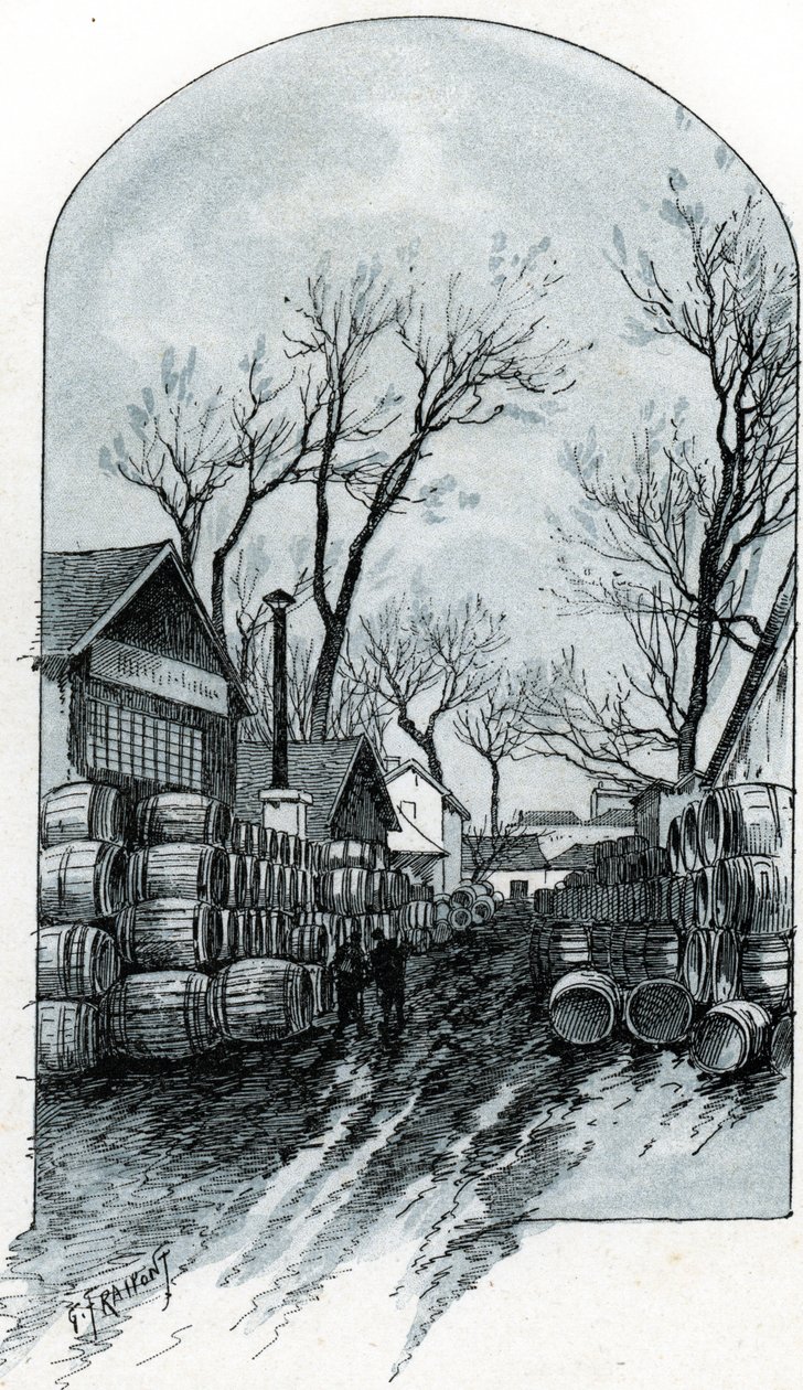 Vy över lagret i rue de Sauternes, Bercy, Paris (Vy över lagret i rue de Sauternes, Bercy, Paris) Teckning av Gustave Fraipont (1849-1923) hämtar från "La seine a travers Paris" av Saint-Juirs av Gustave Fraipont