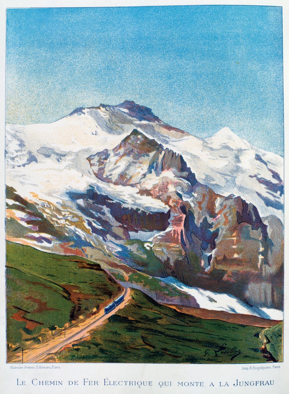 Den elektriska järnvägen till berget Jungfrau, schweiziska alperna, 1800-talet av Gustave Francois Lasellaz