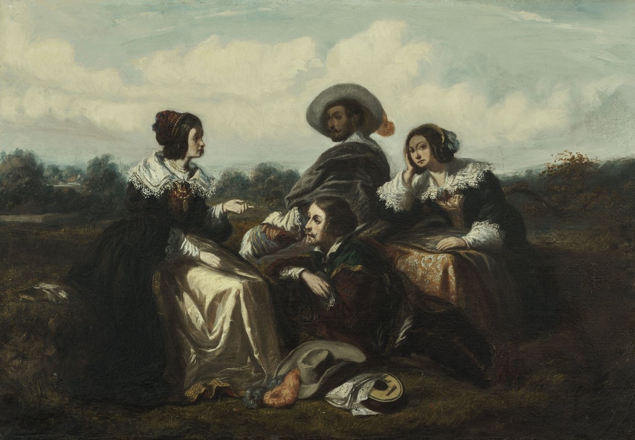 Berättelsen. Karaktärer i Louis XIII-dräkt, ca 1830 (olja) av Gustave François Morin