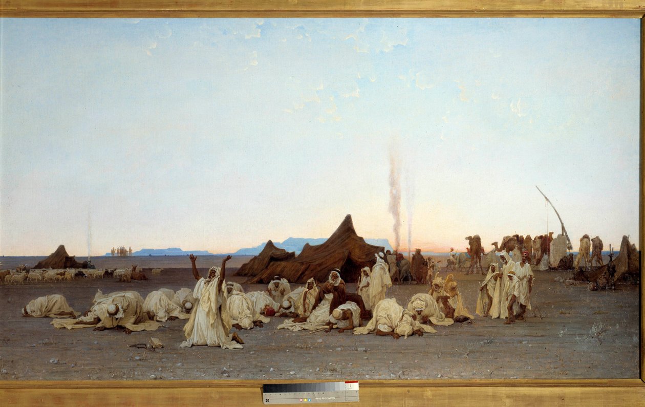 Kvällsbön i Saharaöknen. Målning av Gustave Achille Guillaumet (1840-1887) 1863 Sön. 1,3x2,8 m. Paris, musee d