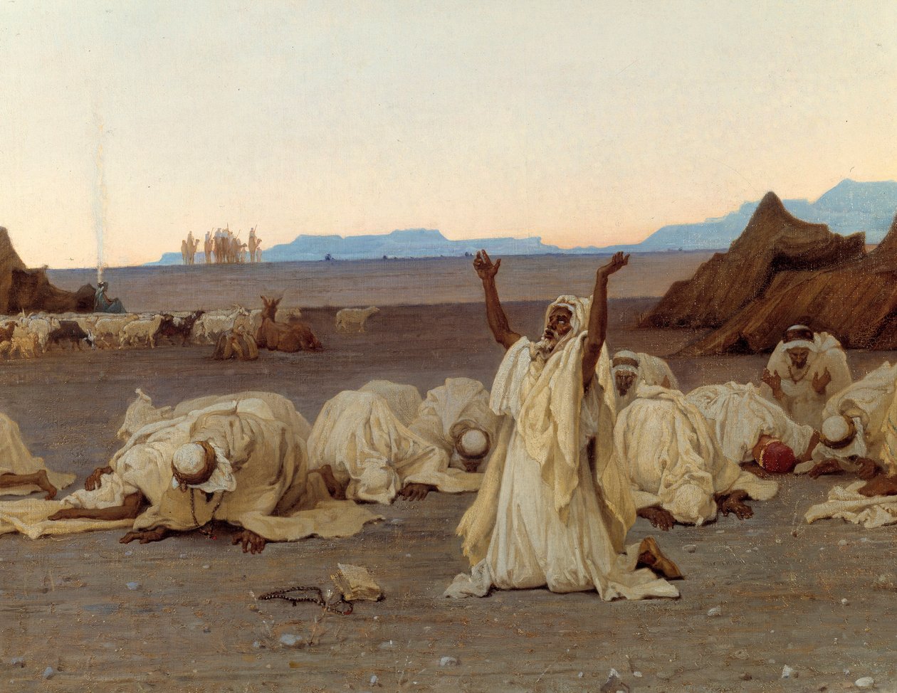 Kvällsbön i Saharaöknen Detalj av tuareglägret. Målning av Gustave Achille Guillaumet (1840-1887) 1863 Sön. 1,3x2,8 m. Paris, Musée d