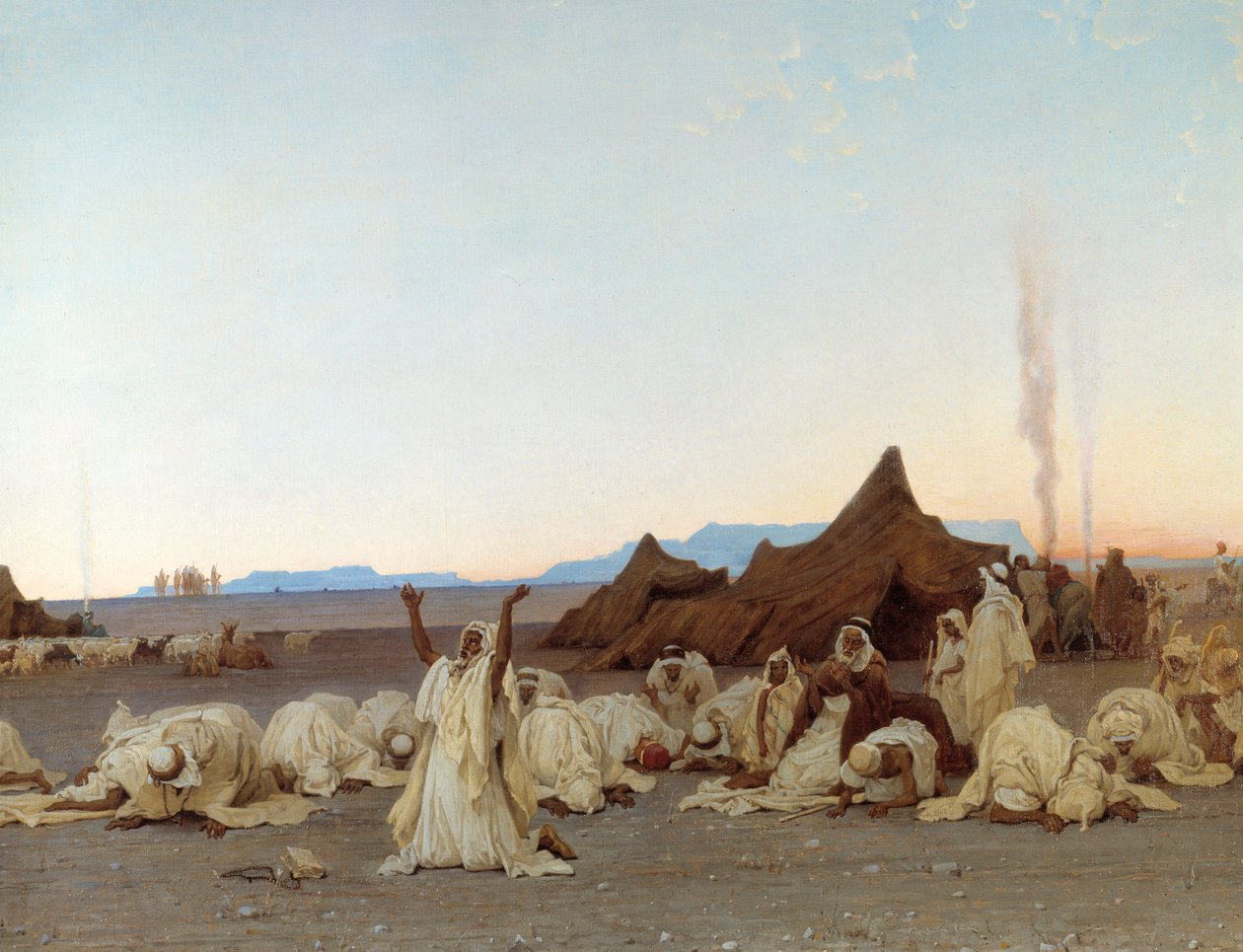 Kvällsbön i Saharaöknen Detalj av tuareglägret. Målning av Gustave Achille Guillaumet (1840-1887) 1863 Sön. 1,3x2,8 m. Paris, Musée d