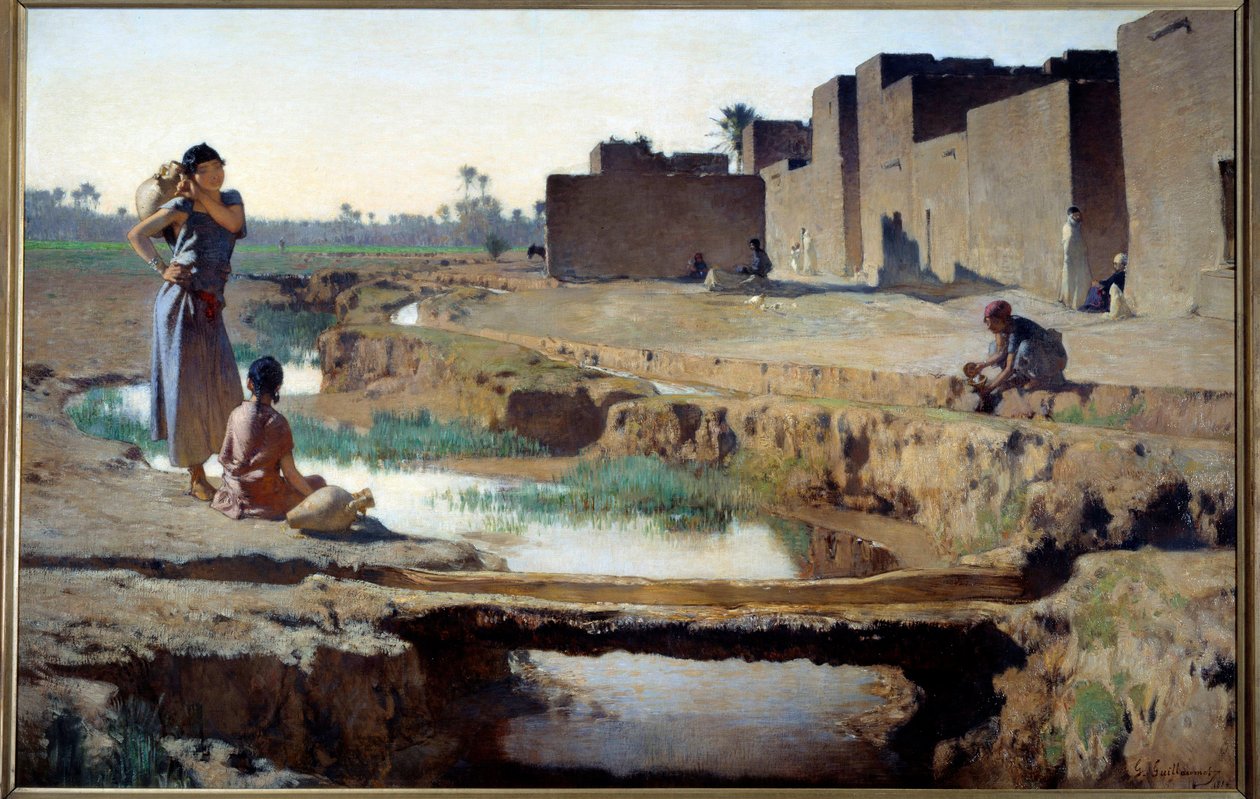 Orientalism: "" La Seguia nära Biskra""" Kvinna och barn tar vatten vid floden i en oas i den algeriska öknen. Målning av Gustave Achille Guillaumet (1840-1887) 1884 Sön. 1x1,5 m Paris, musee d