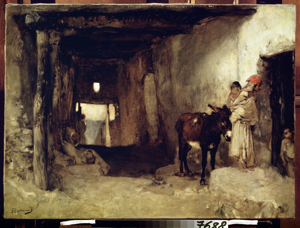 Orientalism: ""Ett hus i Sahara"" (Ett hus i Sahara) En kvinna och hennes barn åtföljda av en åsna. Målning av Gustave Guillaumet (1840-1887) circa 1880 Pushkin Museum, Moskva av Gustave Guillaumet