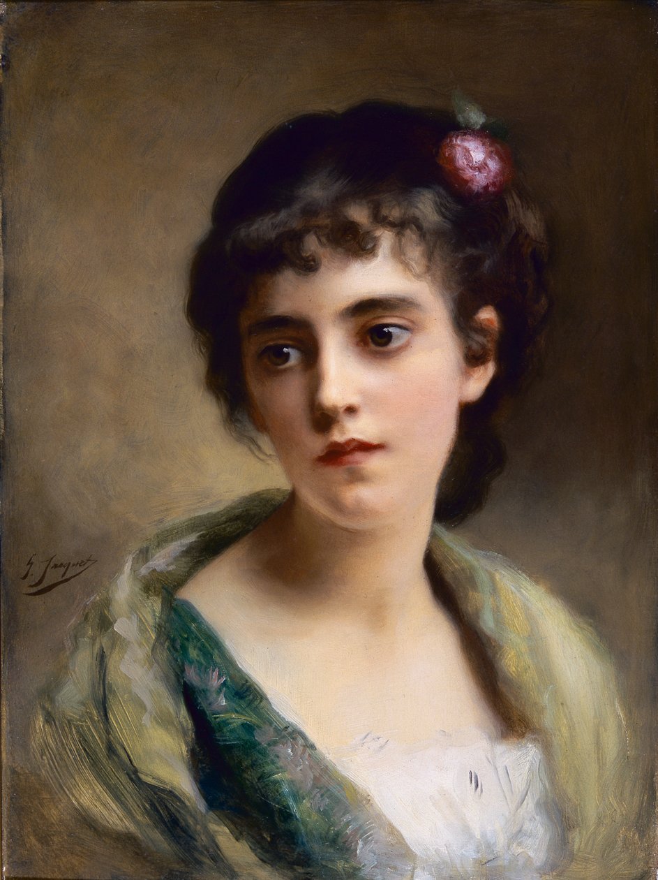 En tjejs huvud (olja på panel) av Gustave Jacquet